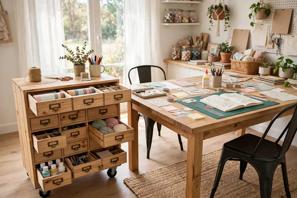 Rolling craft cabinet with drawers beside a shared table in a bright room