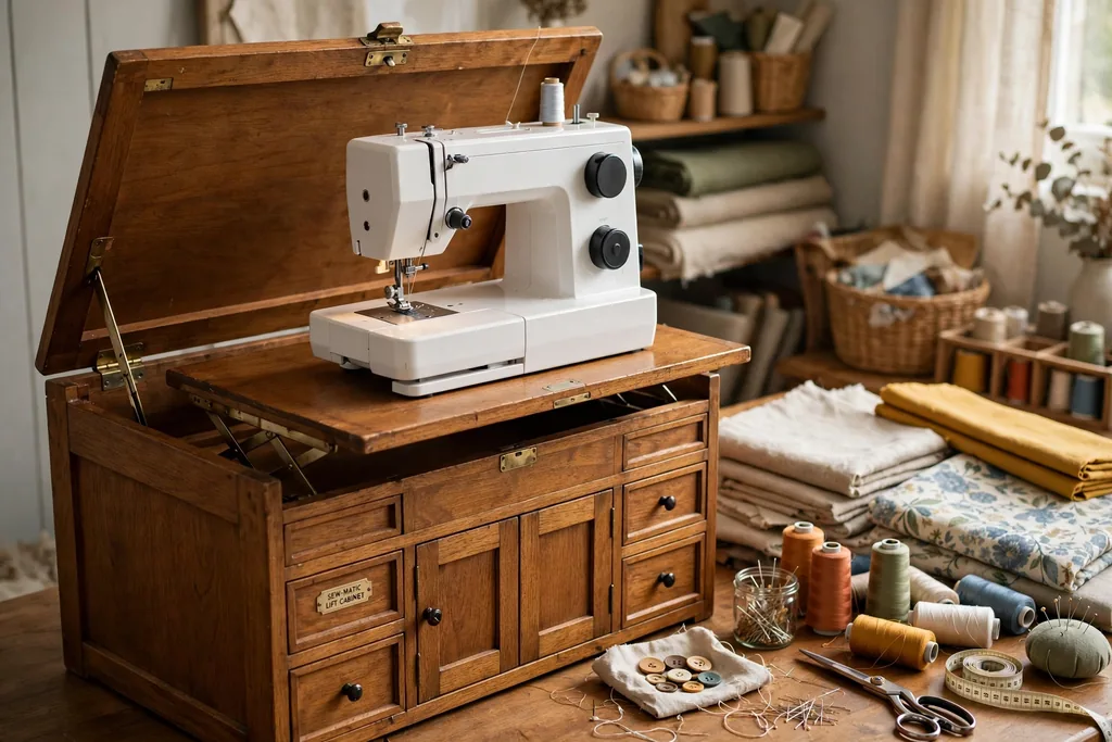 Sewing cabinet with a machine lift raised to table height beside fabric and thread