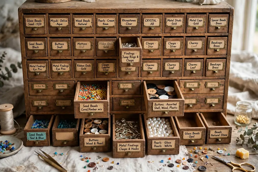 Cabinet with rows of tiny labeled drawers holding beads buttons and small findings