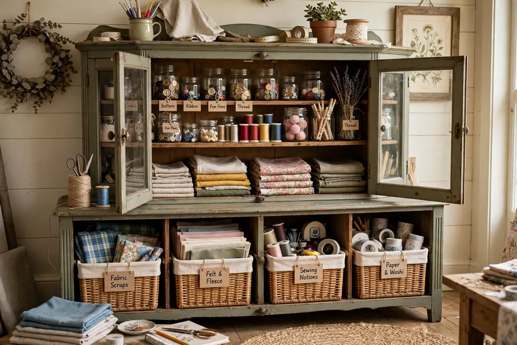 Vintage hutch converted to a craft cabinet with bins jars and folded fabric