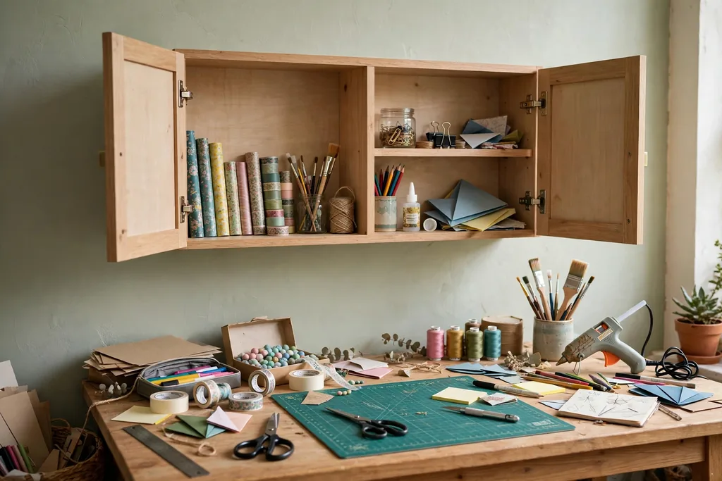Shallow wall mounted cabinet with open doors above a desk with craft tools