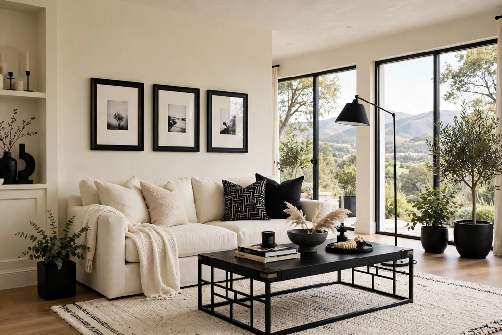 Cream living room with black picture frames, a black floor lamp, and black coffee table details.