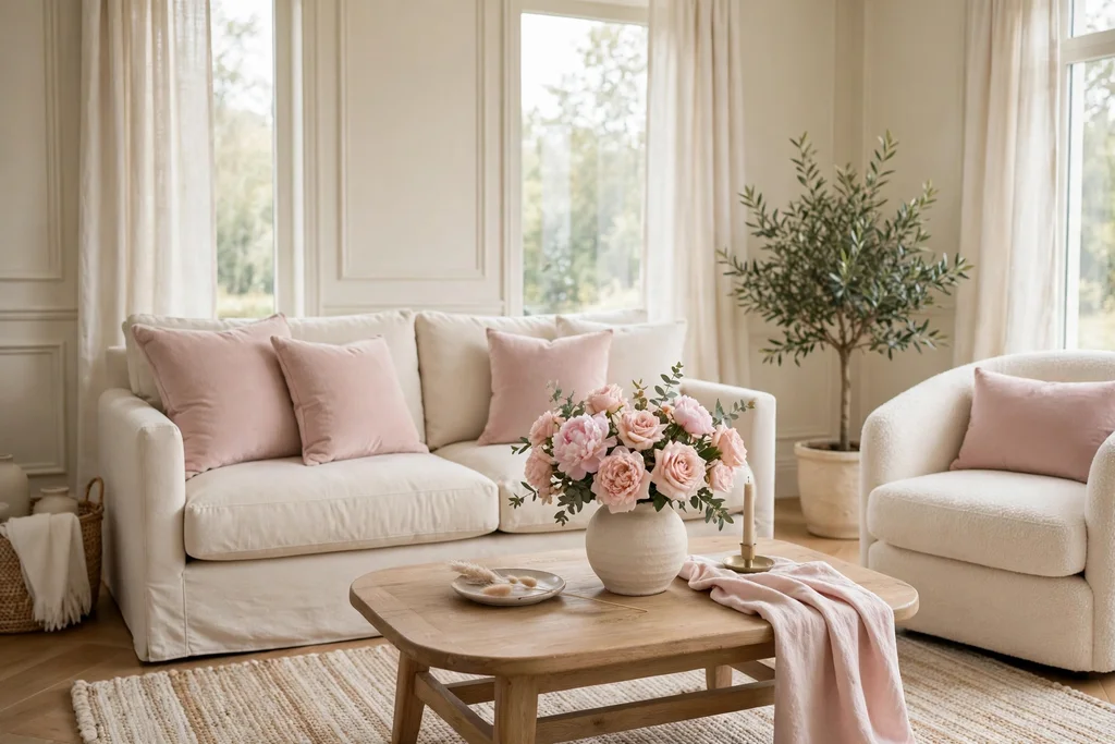Cream living room with soft blush pink cushions and a vase.