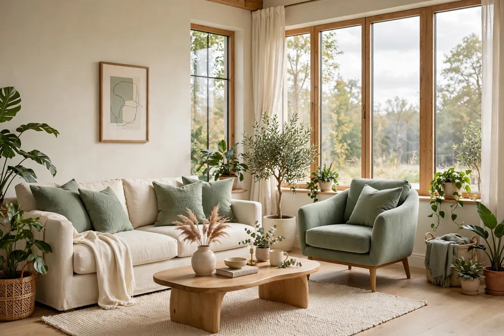 Cream living room with sage green cushions, a sage green armchair, and plants.