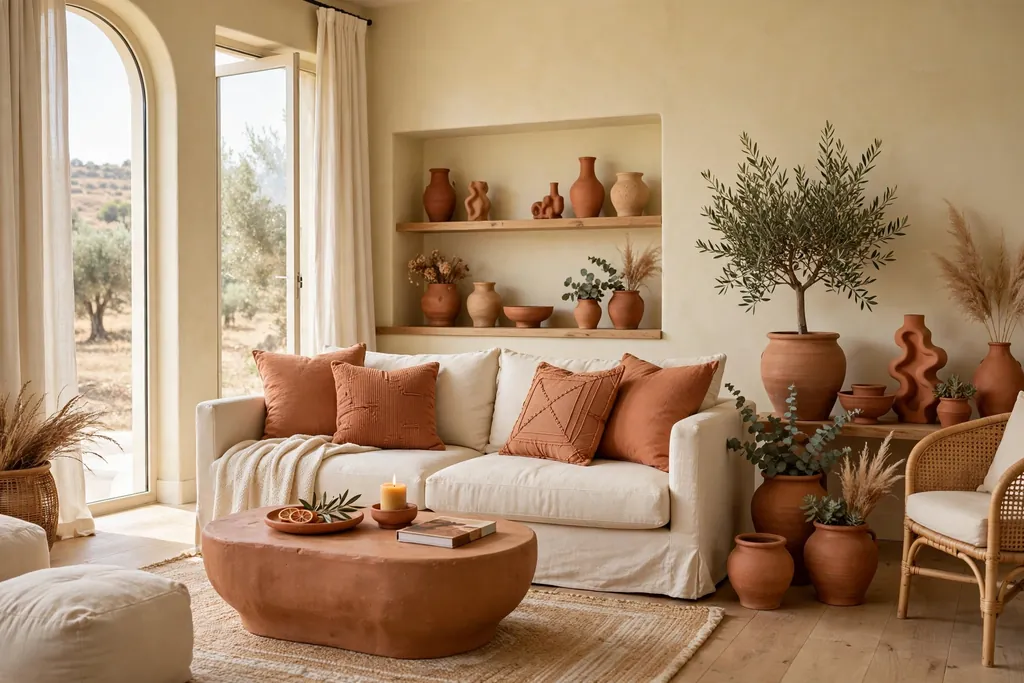 Cream living room with terracotta cushions, terracotta pots, and warm clay accents.