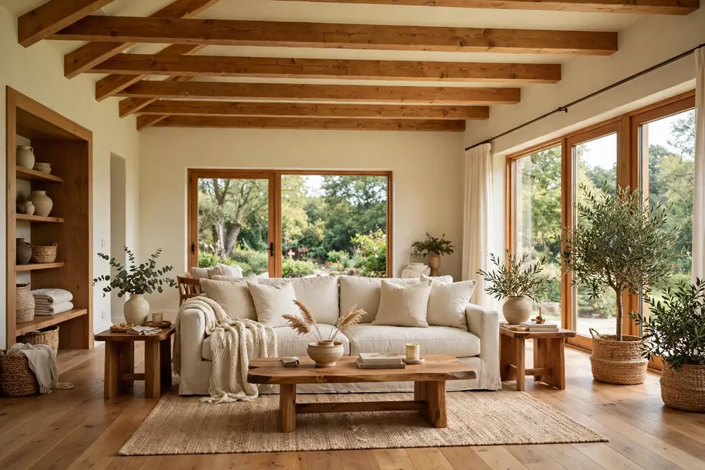 Cream living room with warm wood beams, wooden side tables, and a wooden floor.