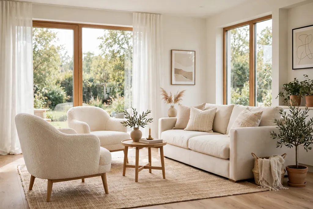 Two cream boucle accent chairs with a small side table between them in a bright living room.