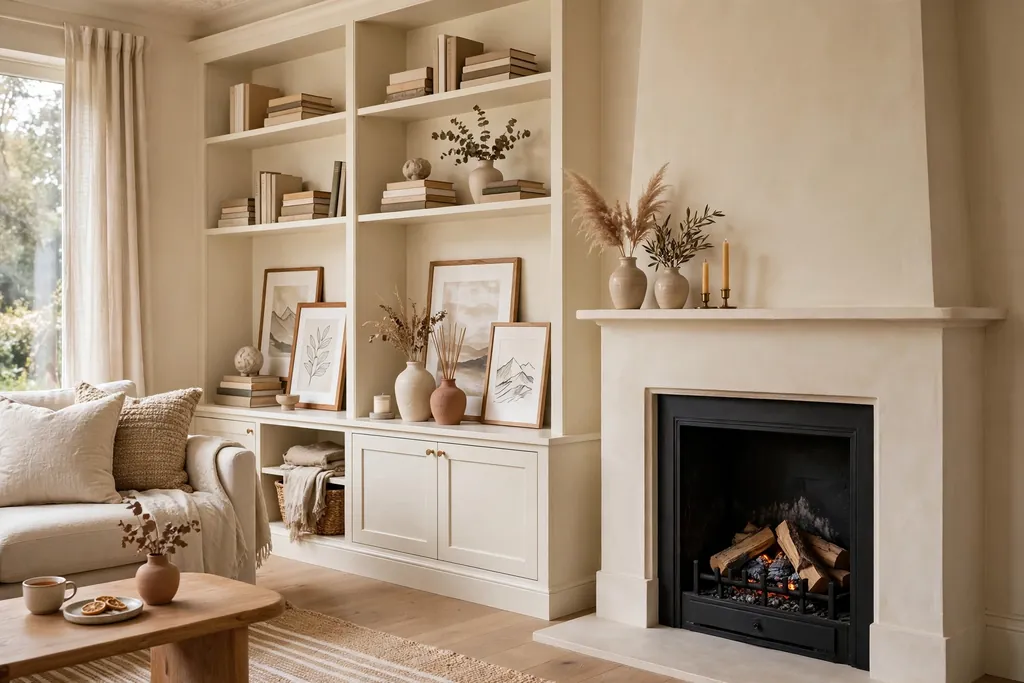 Cream built-in shelves beside a fireplace, styled with books, vases, and framed prints.