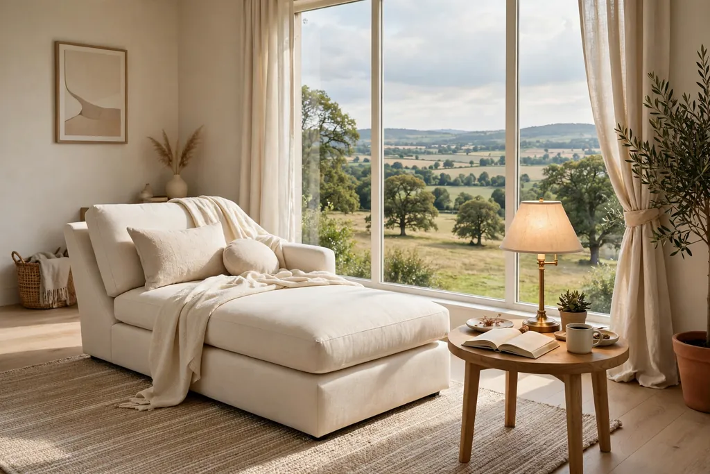 Cream chaise lounge by a window in a living room, with a side table and reading lamp.