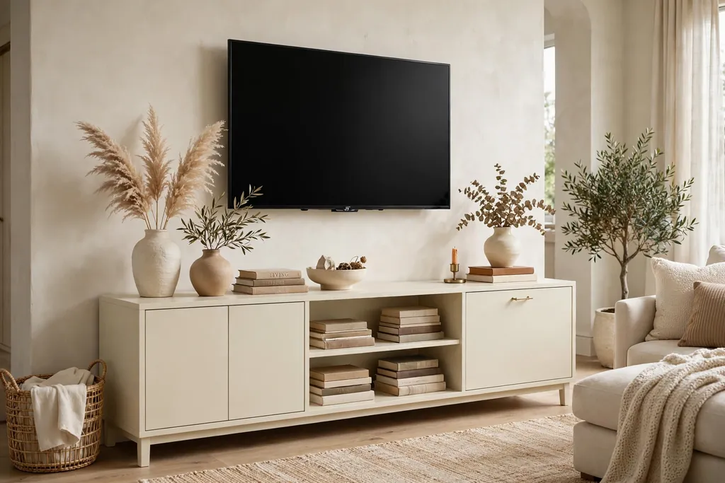 Cream console and media unit under a wall-mounted television, styled with vases and books.