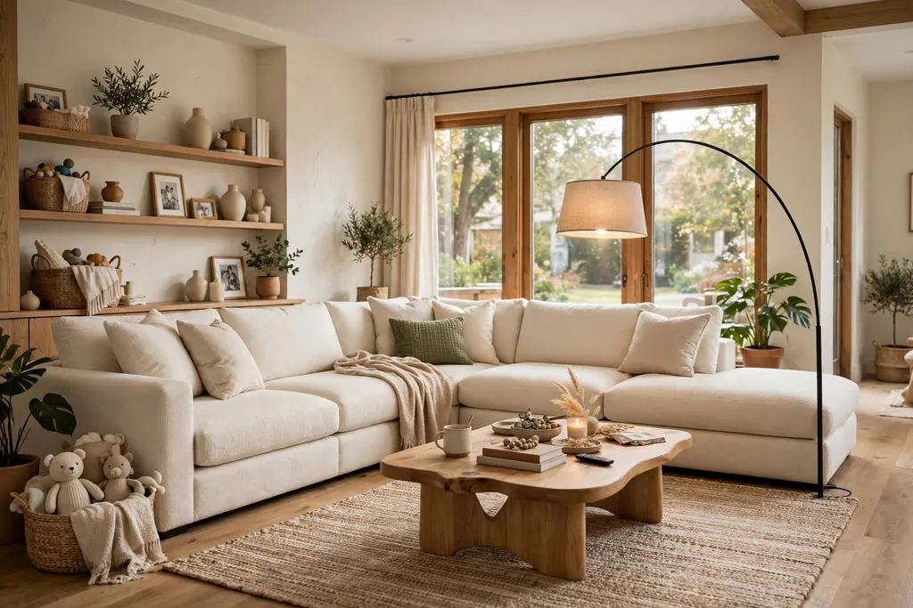 Large cream corner sectional sofa in a family living room with a coffee table and floor lamp.