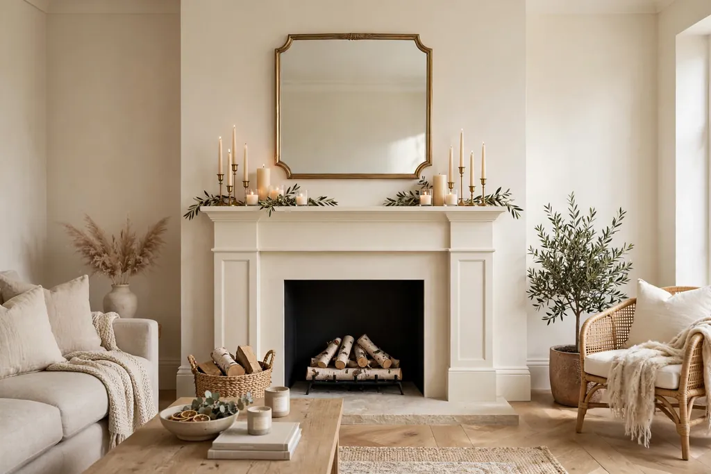 Living room fireplace with a cream painted surround, candles, and a mirror above.