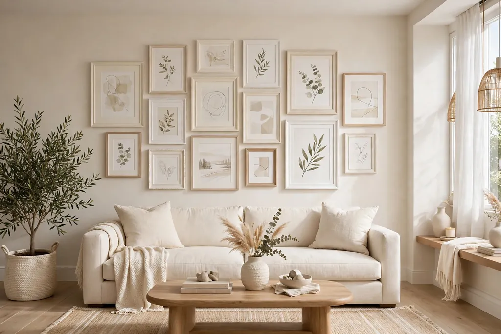 Gallery wall with cream and white picture frames above a cream sofa.