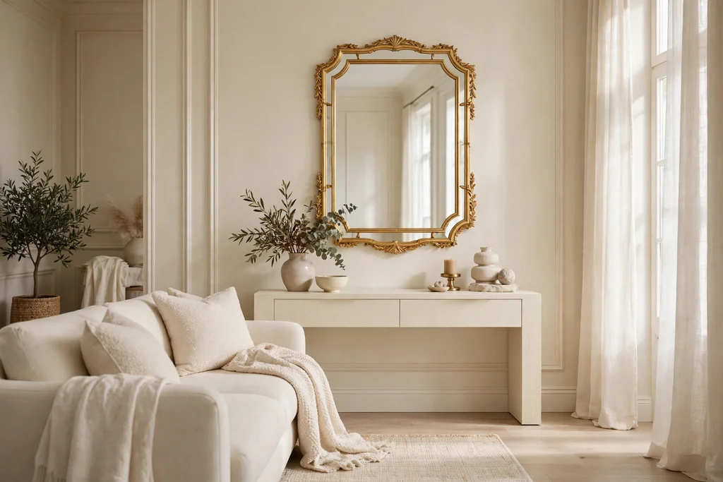 Gold-framed statement mirror above a cream console in an elegant cream living room.