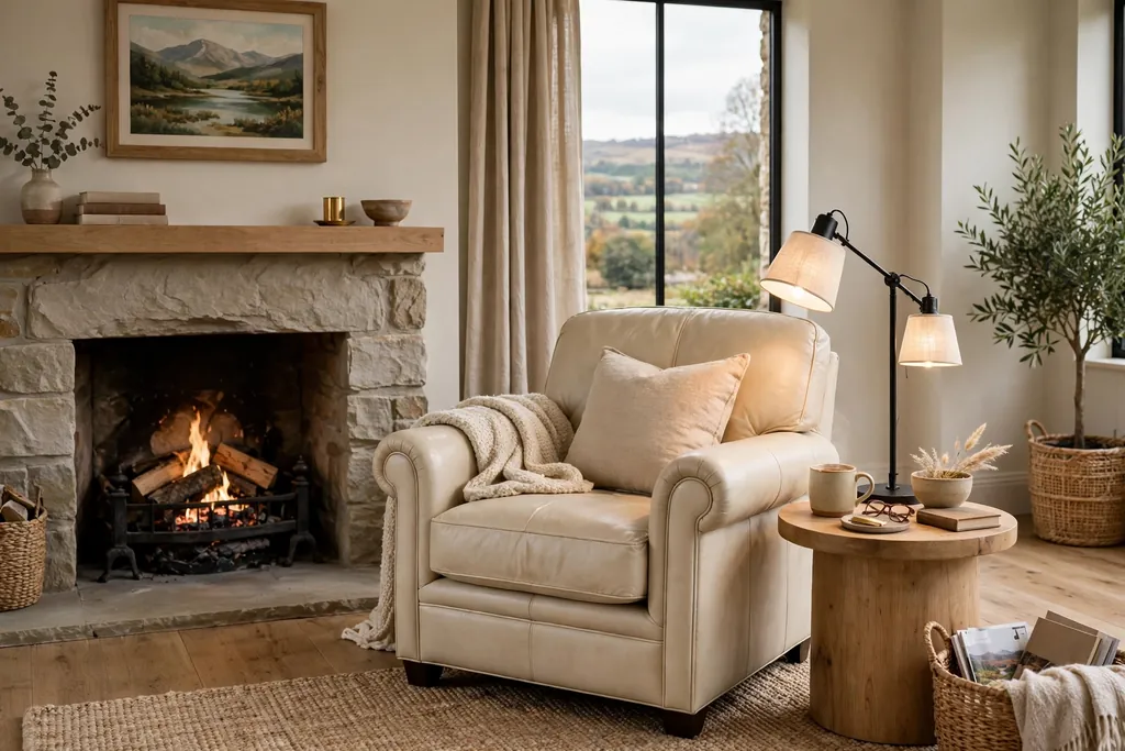 Cream leather armchair beside a fireplace with a reading lamp and side table.