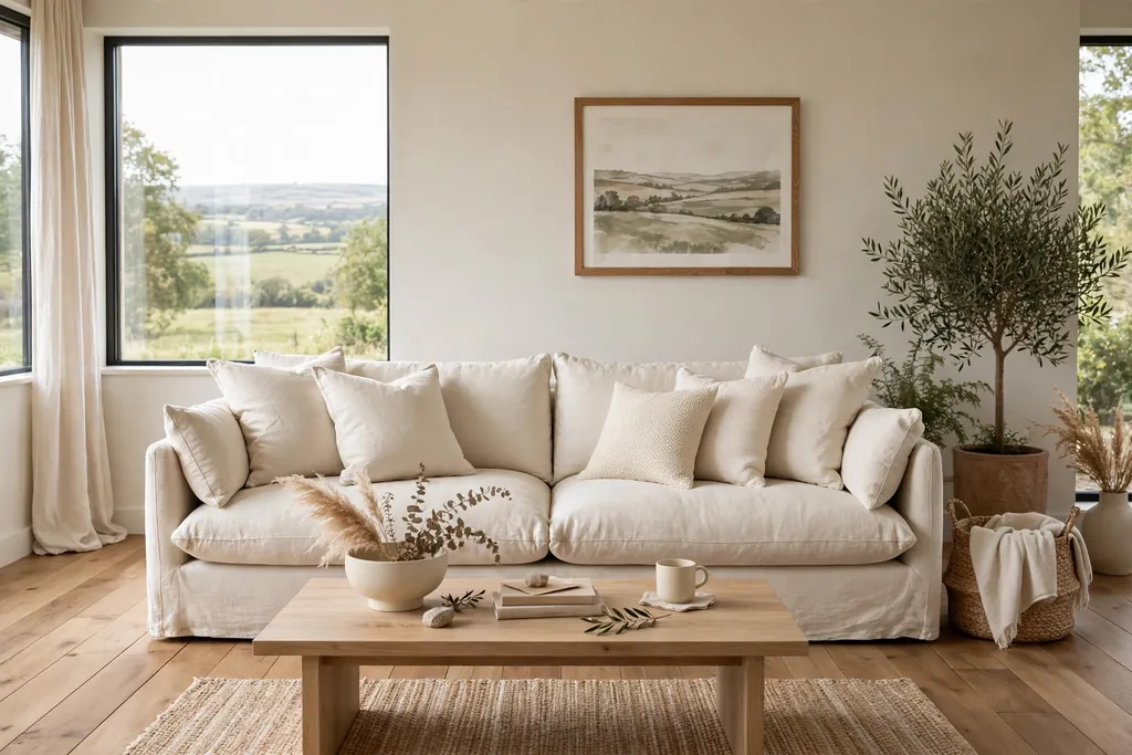 Cream linen sofa with cream cushions and a low coffee table in a living room.