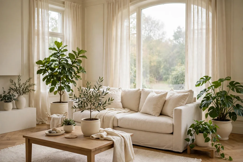 Cream living room with green plants in cream pots.