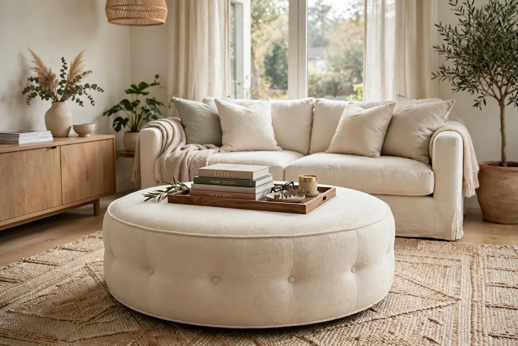 Round cream upholstered ottoman used as a coffee table, with a tray and books on top.