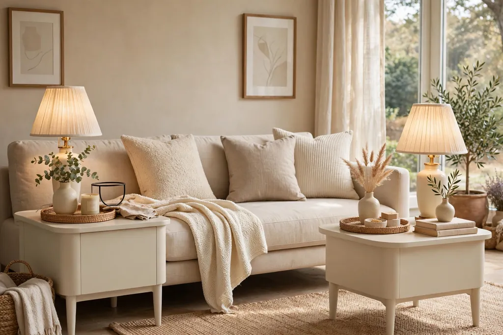 Cream side tables beside a sofa in a living room, styled with trays, a lamp, and a small vase.