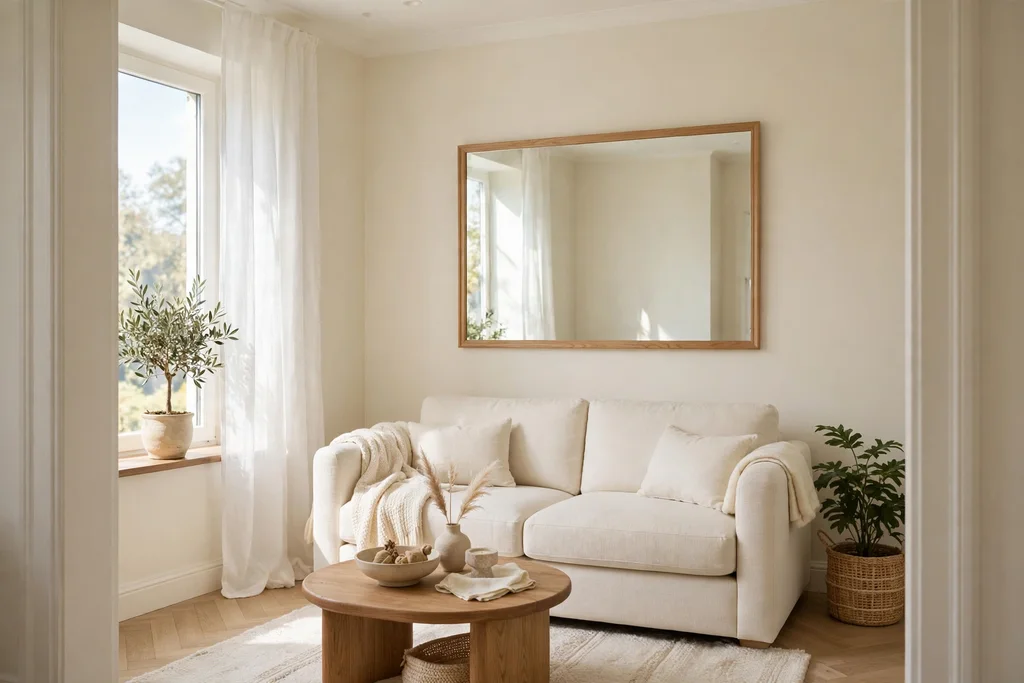 Small cream living room with a compact sofa and wall mirror.