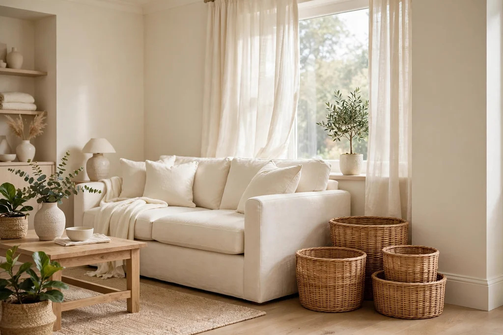 Tidy cream living room with woven storage baskets beside a sofa.