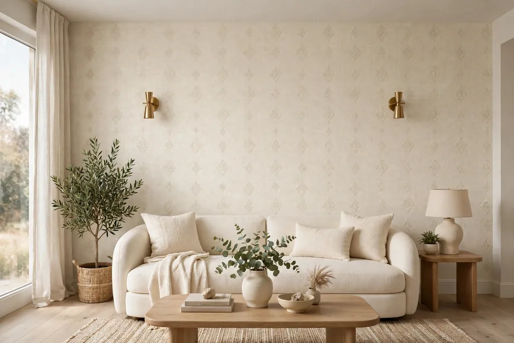 Living room feature wall with subtle cream textured wallpaper behind a cream sofa.