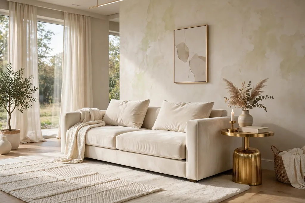 Cream velvet sofa with a gold side table and a cream rug in a living room.