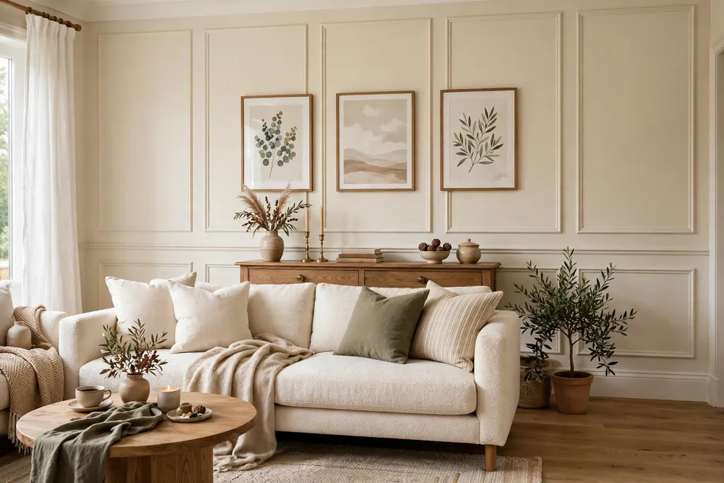 Living room with cream painted wall panelling behind a sofa, with framed art.