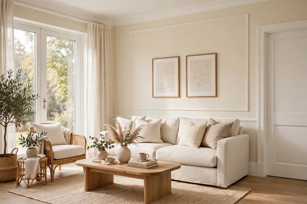 Living room with warm cream walls, warm white trim, and a cream sofa.