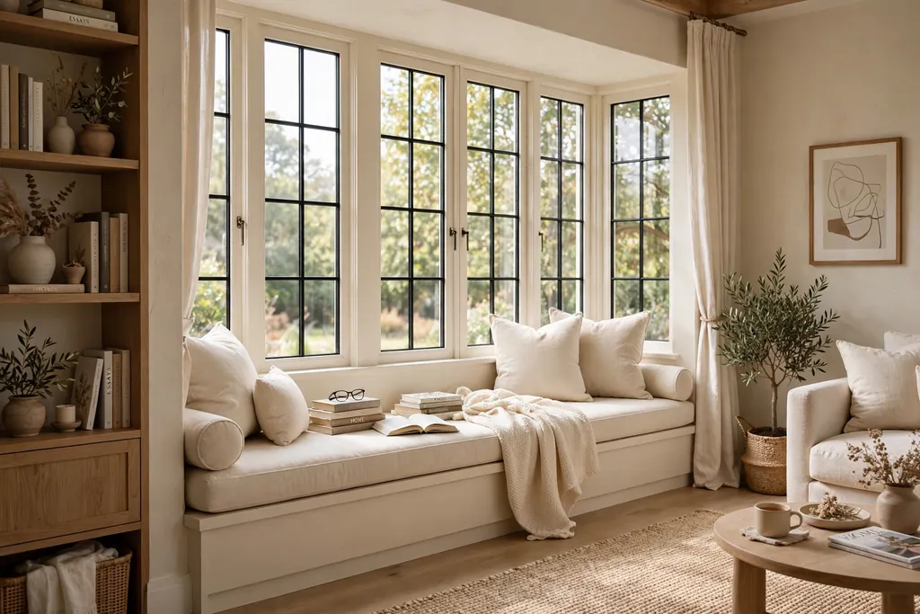 Cream window seat reading nook with cream cushions, a throw, and books.