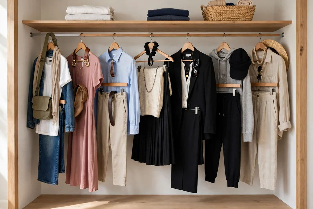 Front closet rail holding a week's outfits in day order.