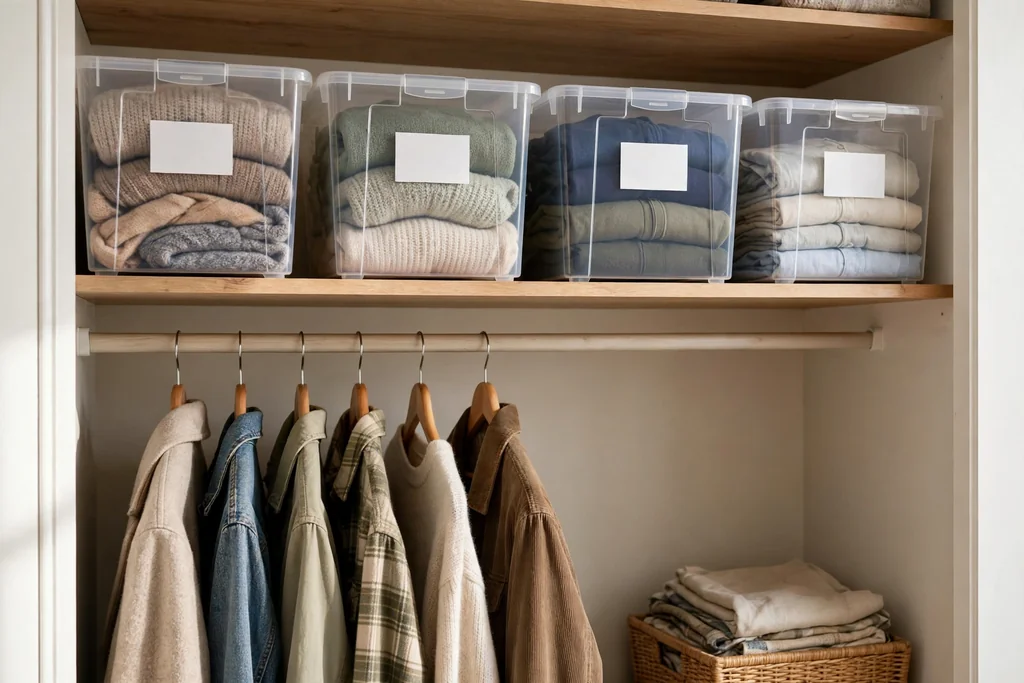 Clear labelled bins on a closet top shelf holding seasonal clothes.