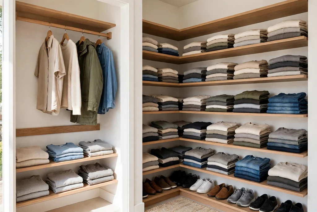 Corner closet with L-shaped shelves holding folded clothes and shoes.