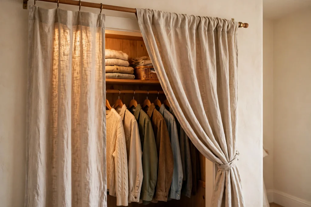 Closet fronted by a soft linen curtain in a small bedroom.