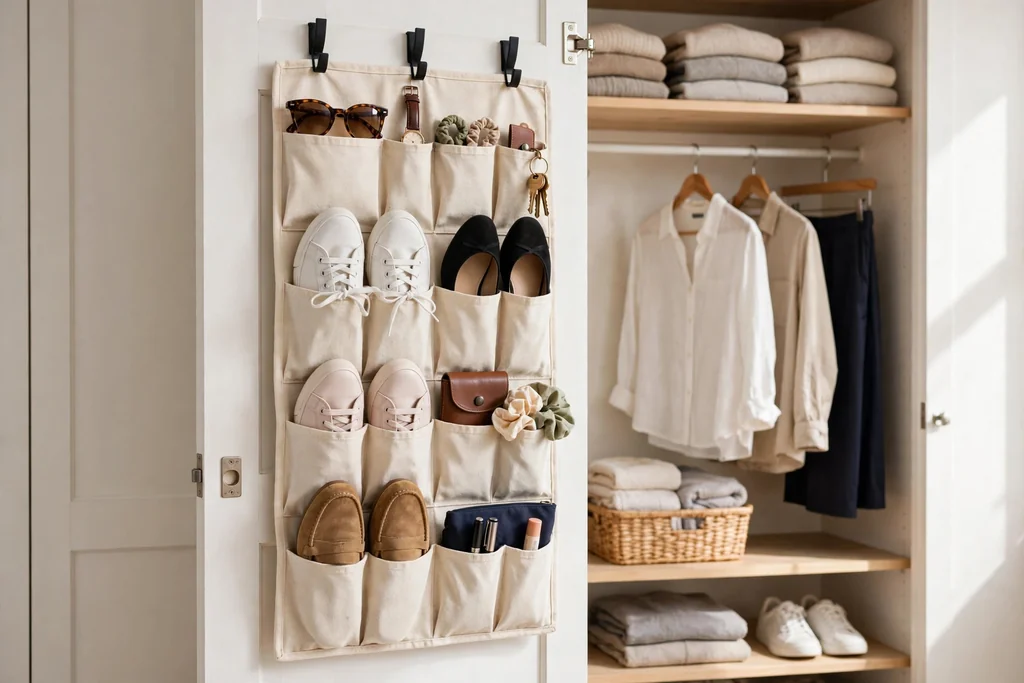 Pocket organizer on the inside of a closet door holding shoes and accessories.