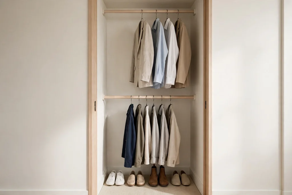 Small closet with two hanging rails holding shirts and jackets.