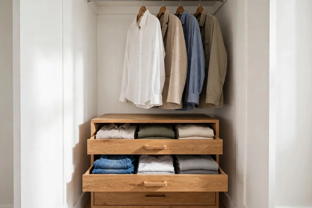 Small drawer unit at the base of a closet holding folded clothes.