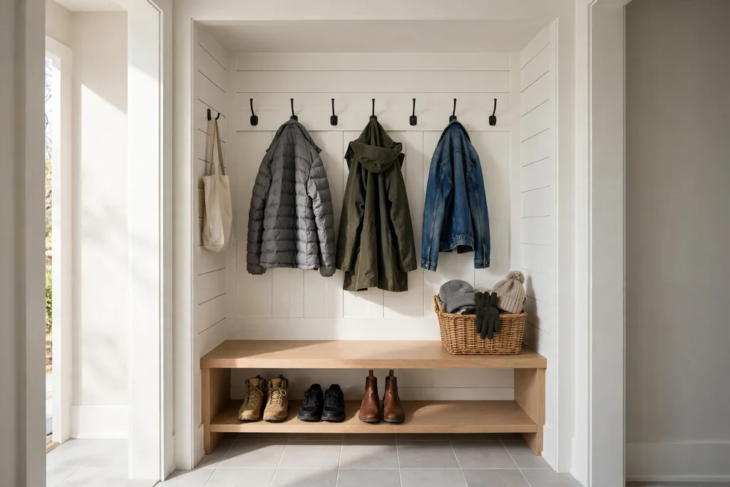 Entry closet set up as a mudroom station with coat hooks and shoe shelf.