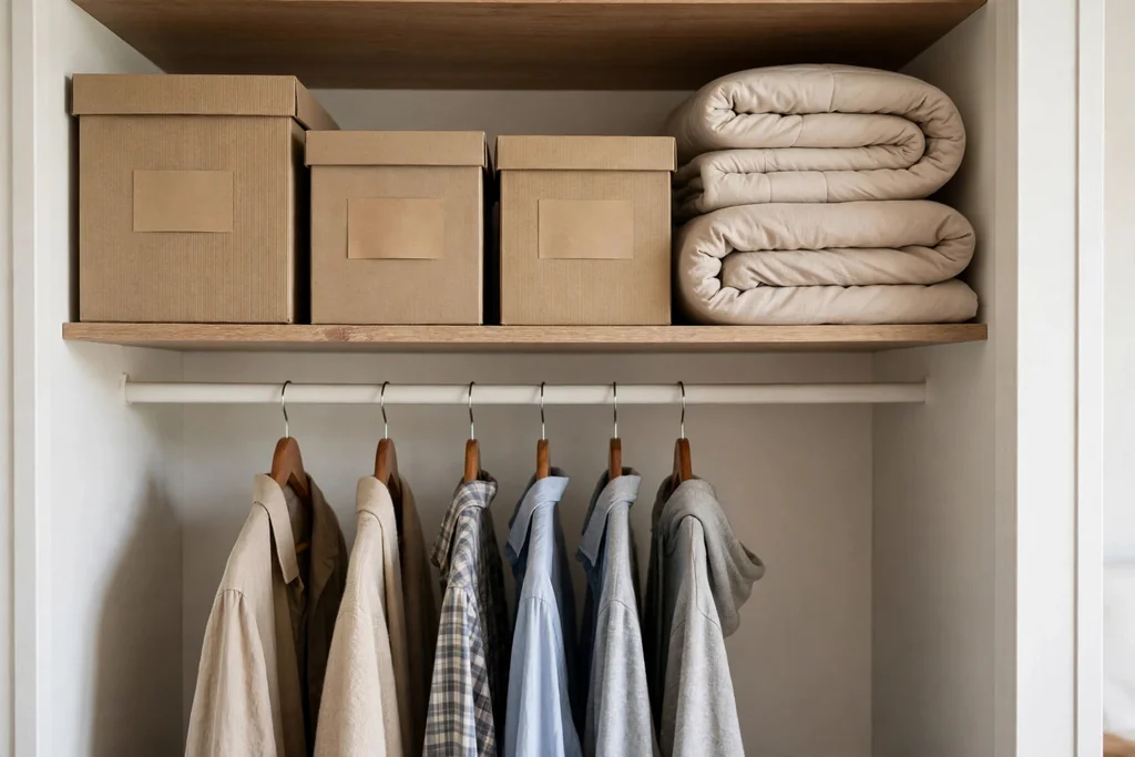 Closet shelf near the ceiling holding labelled boxes and spare bedding.