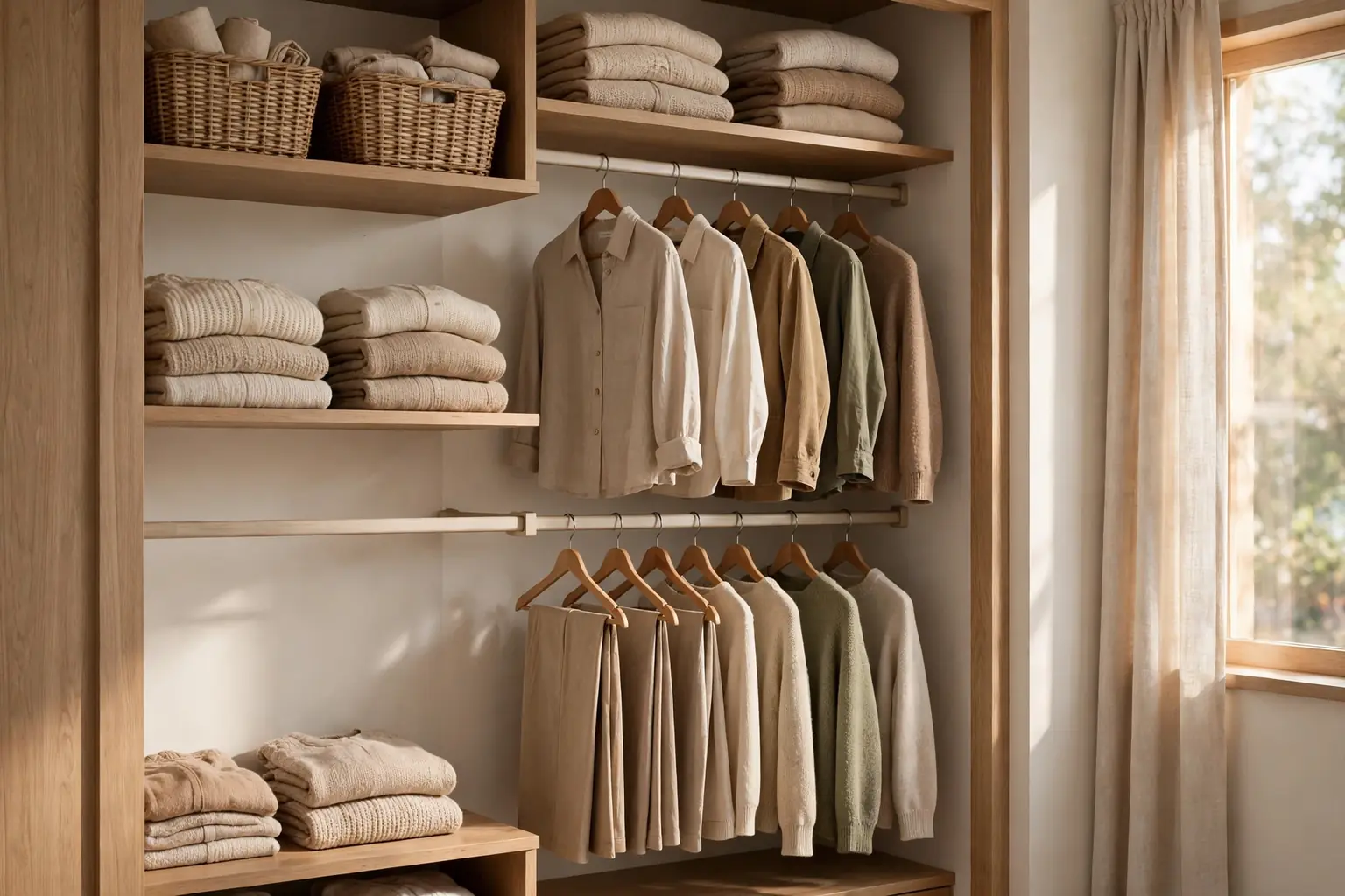 Small tidy closet with double hanging rails, woven baskets, and warm light.