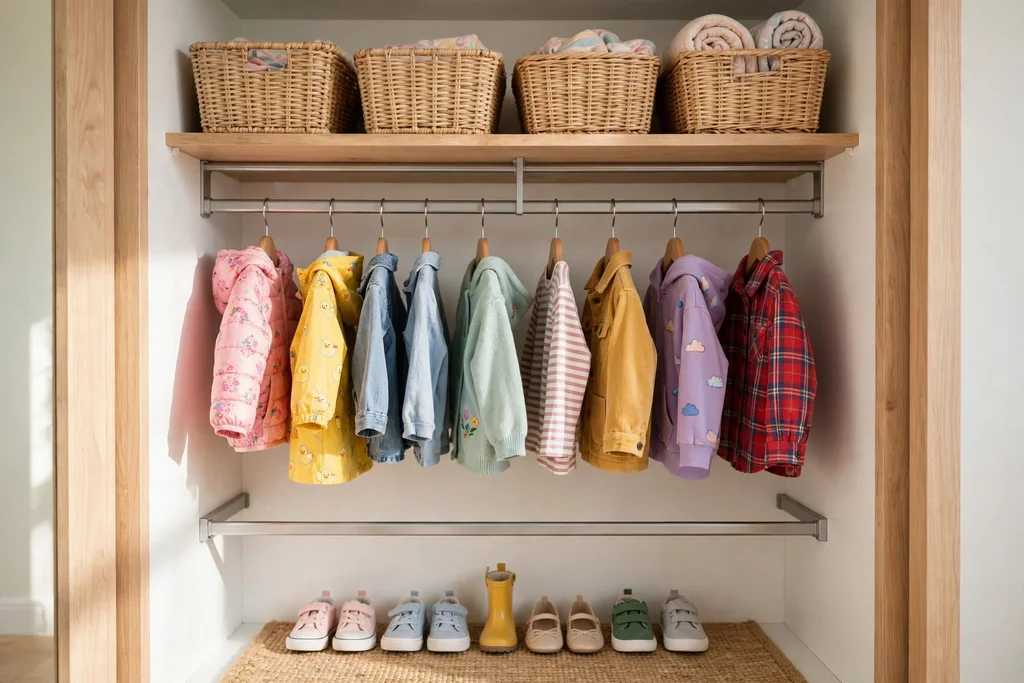 Child's closet with a low double rail holding small clothes at child height.