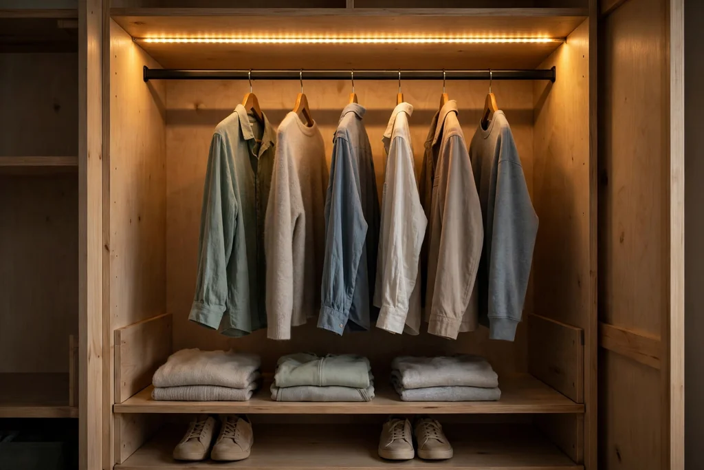 Closet interior lit by a warm LED strip above the hanging rail.