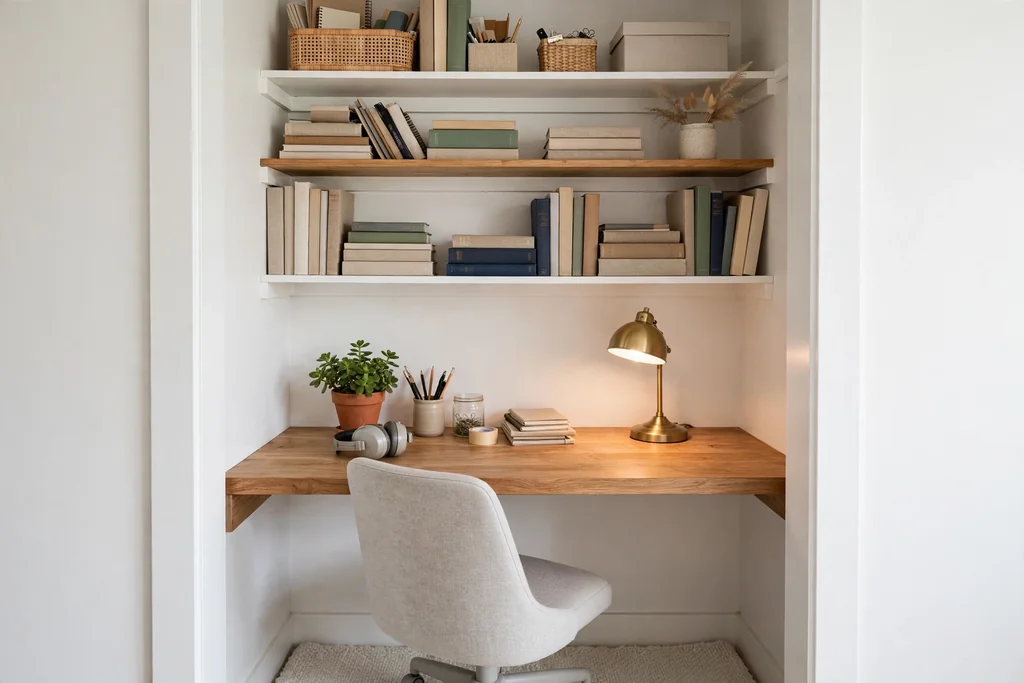 Spare closet converted into a mini office with a desk board and shelves.