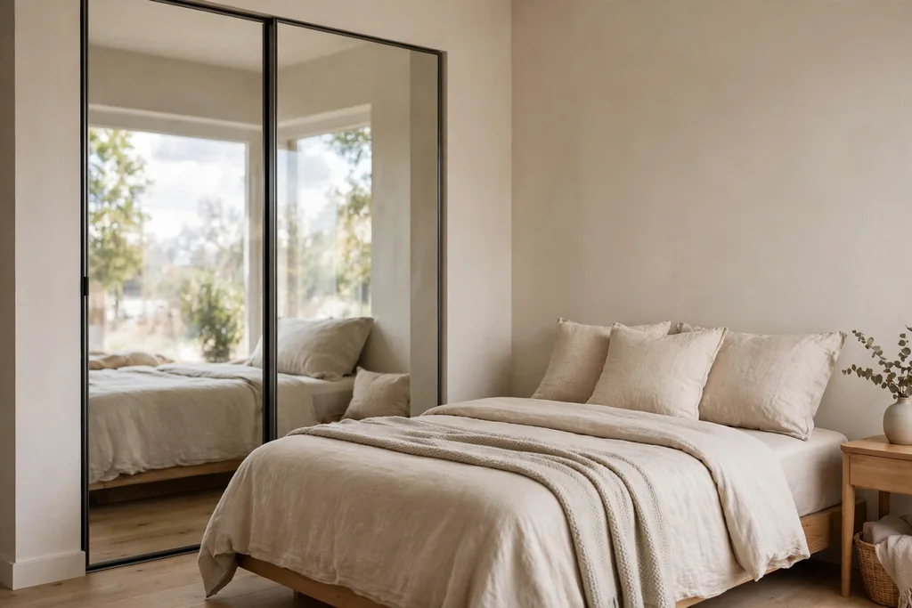 Small bedroom closet with mirrored sliding doors reflecting daylight.