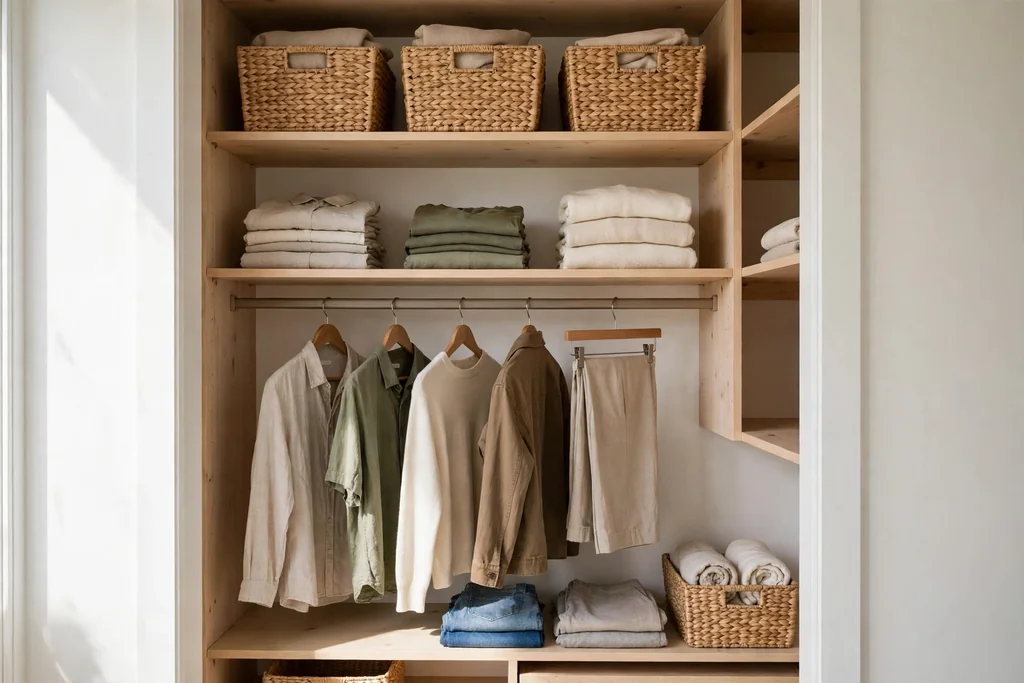 Open closet with matching baskets on shelves and clothes on rails.