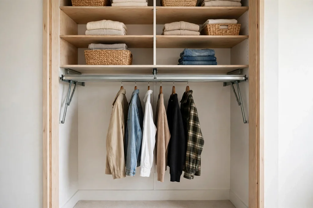 Tall closet with a pull-down rail lowered to hand height.