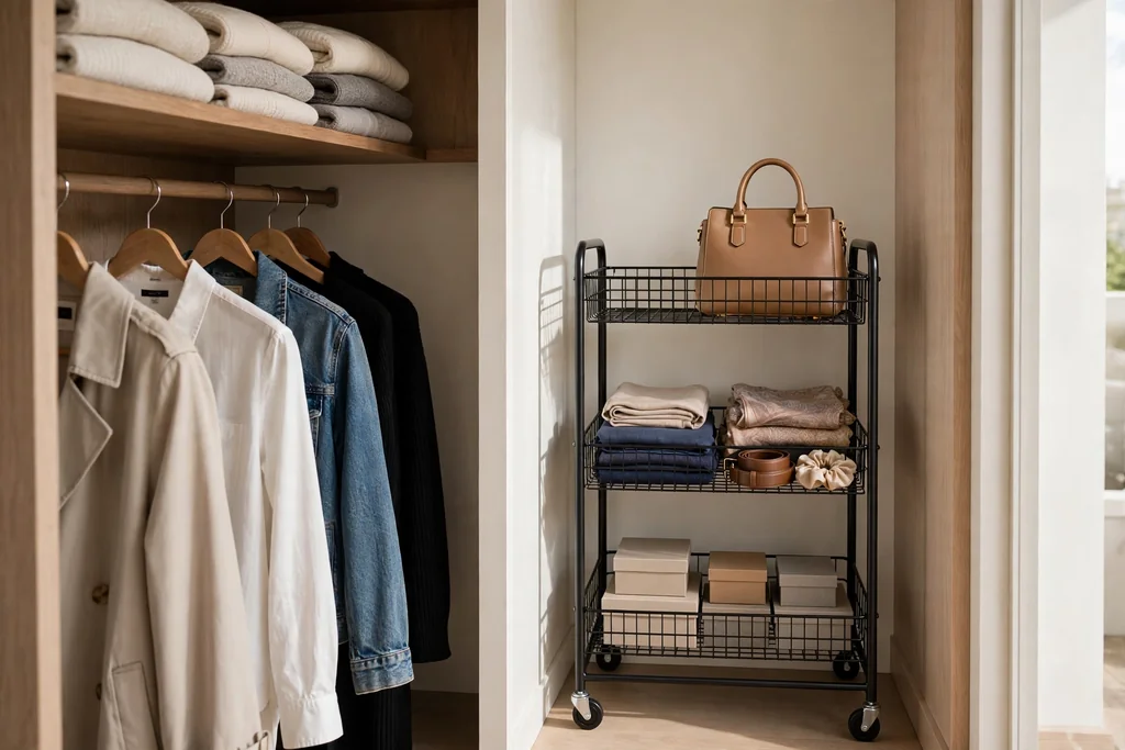 Slim rolling cart in a closet holding accessories on tiers.