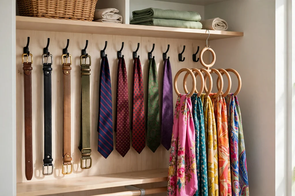 Scarves, belts, and ties hanging on hooks and rings in a closet.