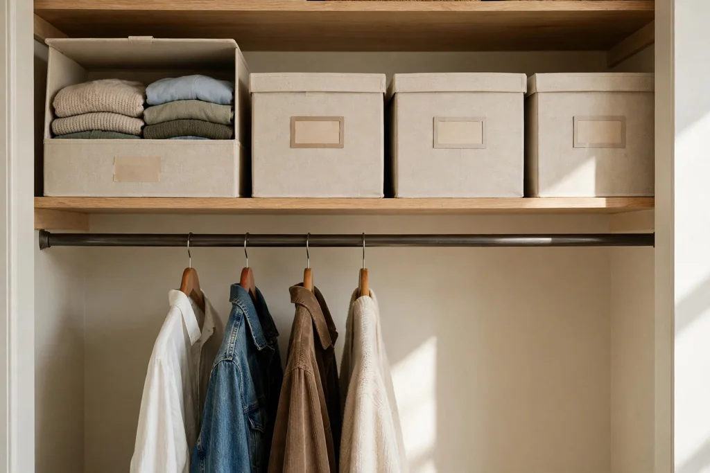 Labelled seasonal swap boxes on a closet shelf with folded clothes.