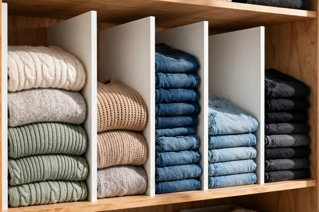 Closet shelf with dividers keeping folded knitwear stacks upright.